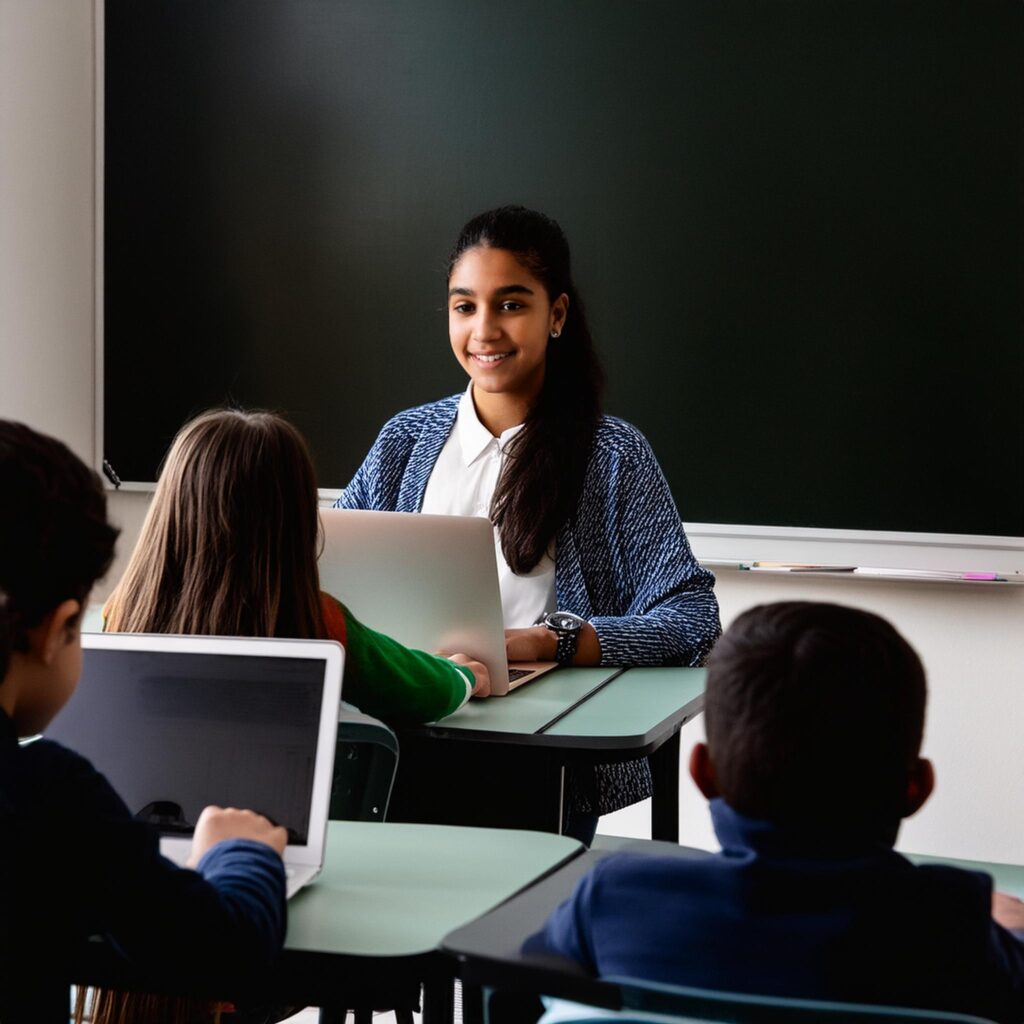 Firefly indian school children in uk in classroom from behind working on laptops 83044